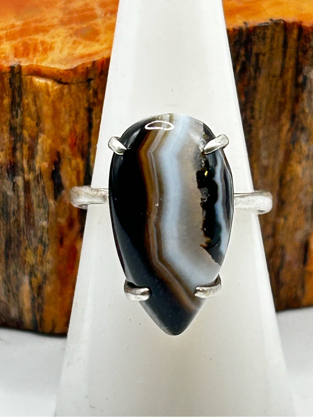 Sterling Silver Agate Ring - Size 7.5